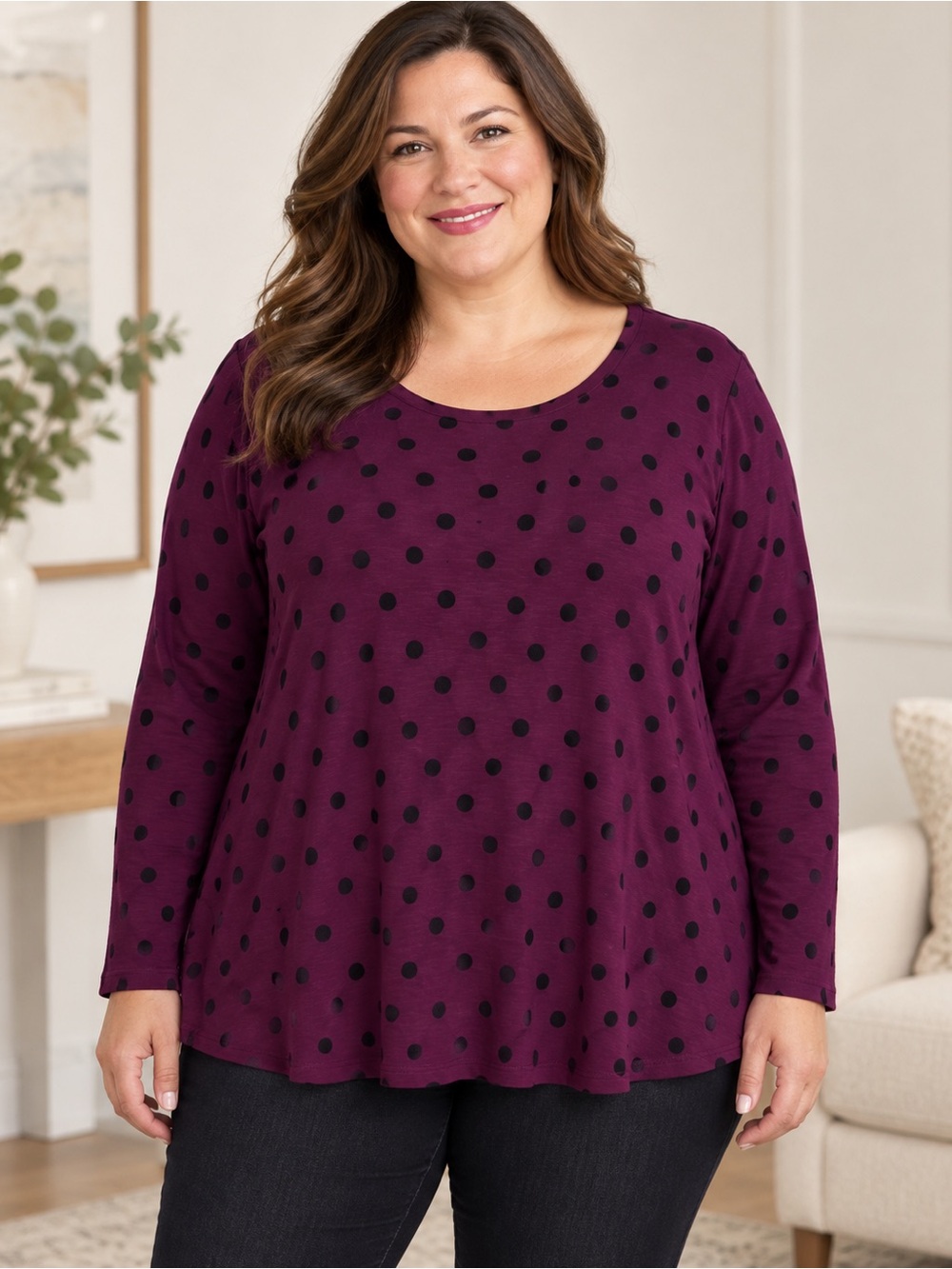 Talbots 3X Plum Black Polka Dot Long Sleeve Scoop Neck Top Preppy Casual Classic